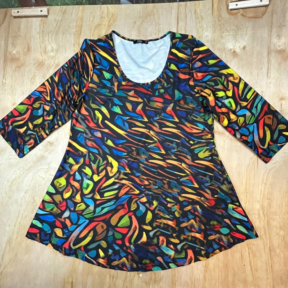 Lily by Firmiana Womens XL Abstract Multi Color Tunic Top 3/4 Sleeve Scoop Neck